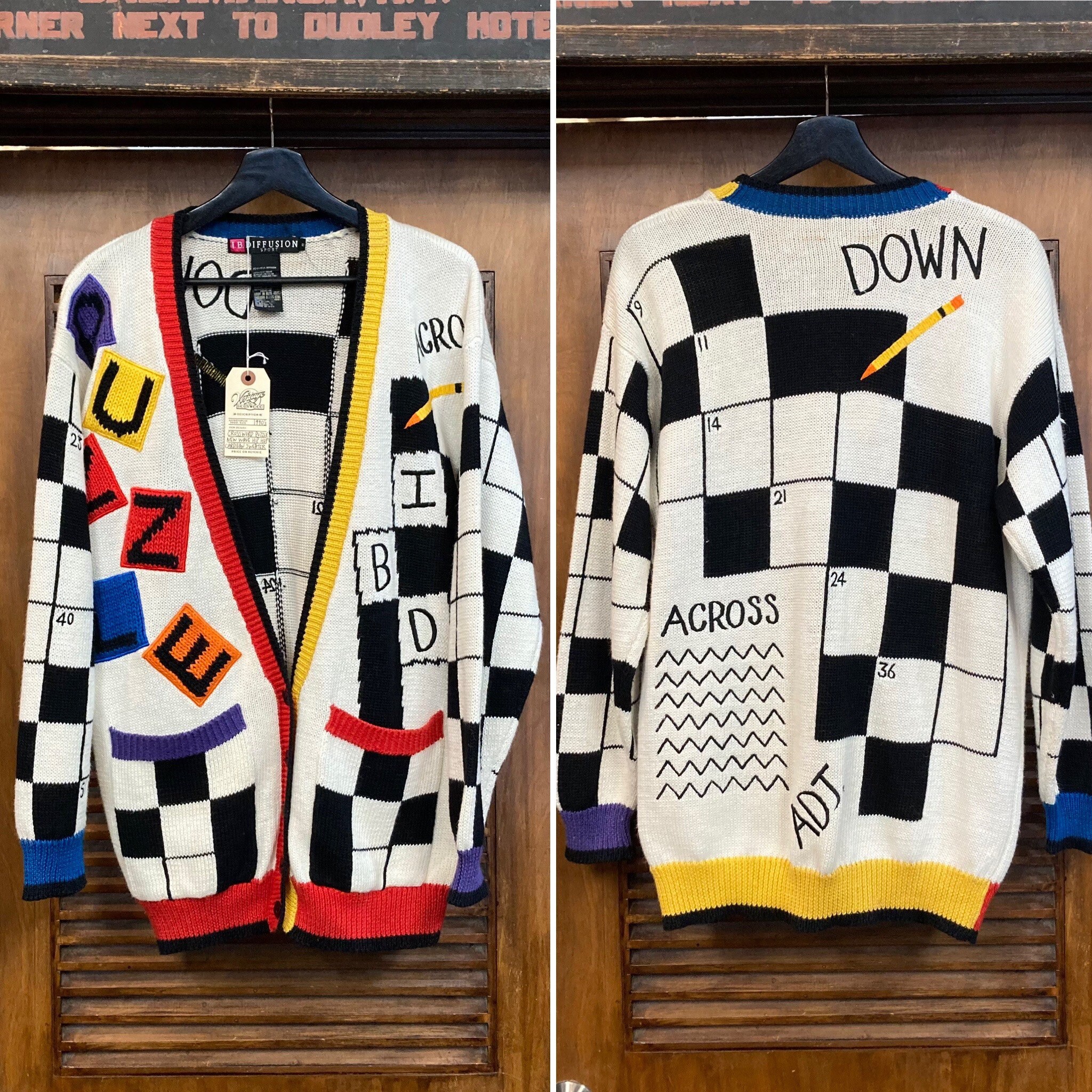Vintage 1990's Crossword Puzzle New Wave Hip Hop Cardigan Sweater Vintage 1990's Crossword Puzzle New Wave Hip Hop Cardigan Sweater