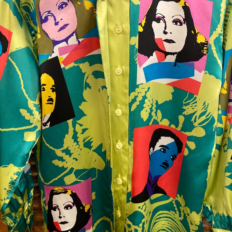 Vintage 1980s Escada Label Chaplin Garbo Pop Art Silk Shirt, 80s New Wave, Vintage Pop Art, Vintage Silk Shirt, Vintage Clothing image 7