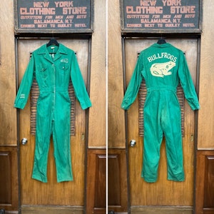 Vintage 1940s Bullfrogs Pep Squad Cheerleader Green Twill Workwear Embroidered Varsity School Coveralls Outfit, Chainstitch, Jumpsuit, 40s image 1