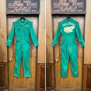Vintage 1940’s Bullfrogs Pep Squad Cheerleader Green Twill Workwear Embroidered Varsity School Coveralls Outfit, Chainstitch, Jumpsuit, 40s