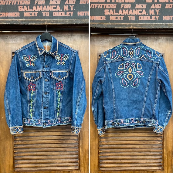 Vintage 1960's Levi's Big E Hippie Embroidery Denim Trucker Jacket