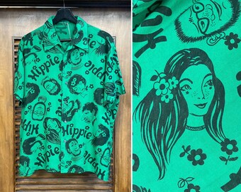 Vintage 1960’s Hippie Beatnik Mod Cartoon Tiki Hawaiian Shirt, 60’s All Over Print, Vintage Clothing