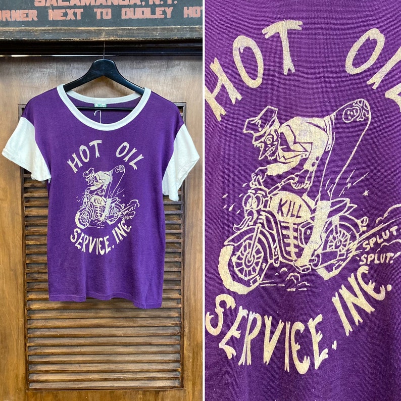Vintage 1960s Original Hot Oil Service Motorcycle Durene Flocked Jersey T-Shirt, Skull, 60s Tee Shirt, Vintage Clothing image 1