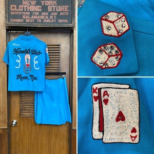 Vintage 1950s Casino Dice Playing Cards Chainstitch Embroidery Rockabilly Shirt Skirt Outfit, Vintage Skirt Set, Rhinestone, Rockabilly, image 1