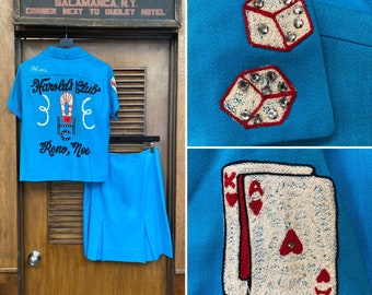 Vintage 1950’s Casino Dice Playing Cards Chainstitch Embroidery Rockabilly Shirt Skirt Outfit, Vintage Skirt Set, Rhinestone, Rockabilly,