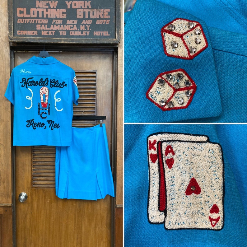 Vintage 1950s Casino Dice Playing Cards Chainstitch Embroidery Rockabilly Shirt Skirt Outfit, Vintage Skirt Set, Rhinestone, Rockabilly, image 1