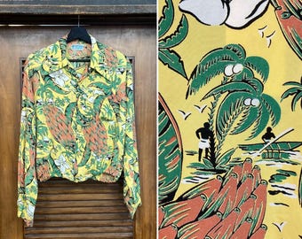 Vintage 1940's “driftwood” Banana Atomic Long Sleeve Silky Rayon
