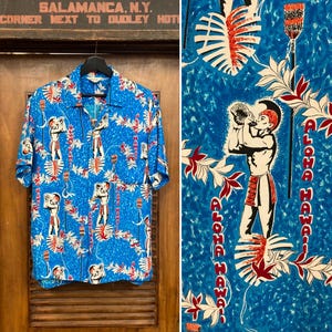 1960年代ヴィンテージ アトミックモッド ティキ レーヨン トロピカルネイティブ ハワイアンシャツ、マッチングポケット、ループカラー、60年代ヴィンテージクロージング