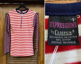 Vintage 1960’s “Campus” Hippie Mod Stars x Stripes Knit Pop Art Henley Zip Long Sleeve Rare Style T-Shirt, 60’s Tee Shirt, Vintage Clothing