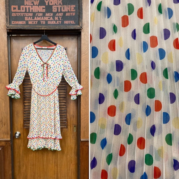 Celine, Vintage 1980’s Made in France Celine Designer Chiffon Pleated Polka Dot Dress, Accordion Pleat, Polka Dot, Chiffon, Celine, Vintage Designer