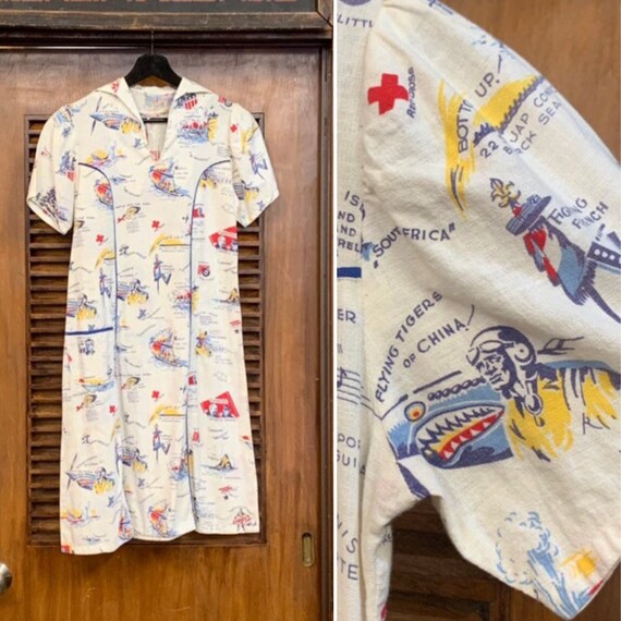 Vintage 1940's Printed World War 2 Novelty Dress,