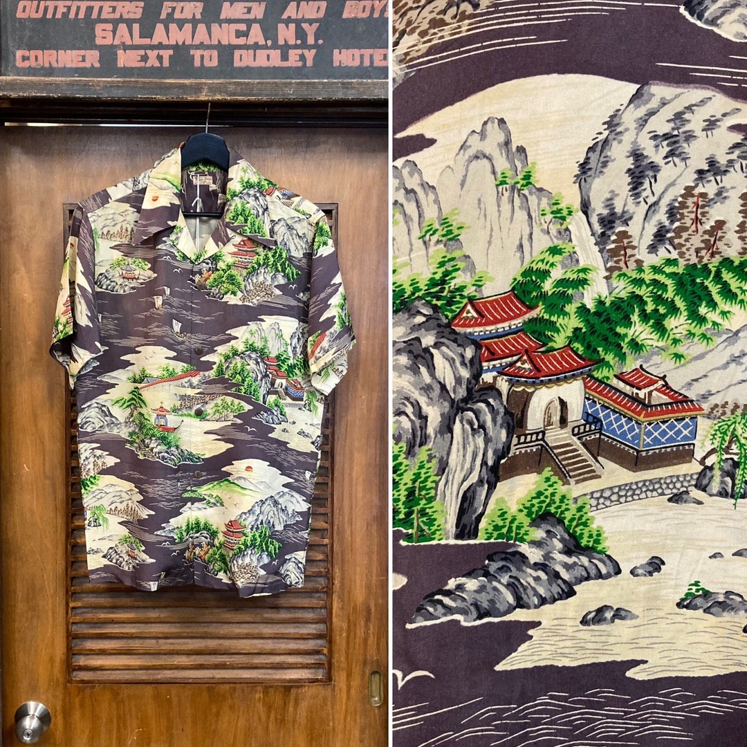 Vintage 1940's Asian Japan Design Silk Hawaiian Shirt, Loop Vintage 1940's Asian Japan Design Silk Hawaiian Shirt, Loop