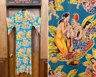 Vintage 1940’s Eugene Savage Hula Girl Rayon Pake Muu Batwing Hawaiian Dress, Vintage Pake Muu, Hawaiian Dress, Tiki Dress, Batwing Sleeve