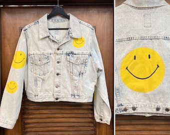 Vintage 1980's “smiley Face” Acid Wash Cropped Denim Trucker