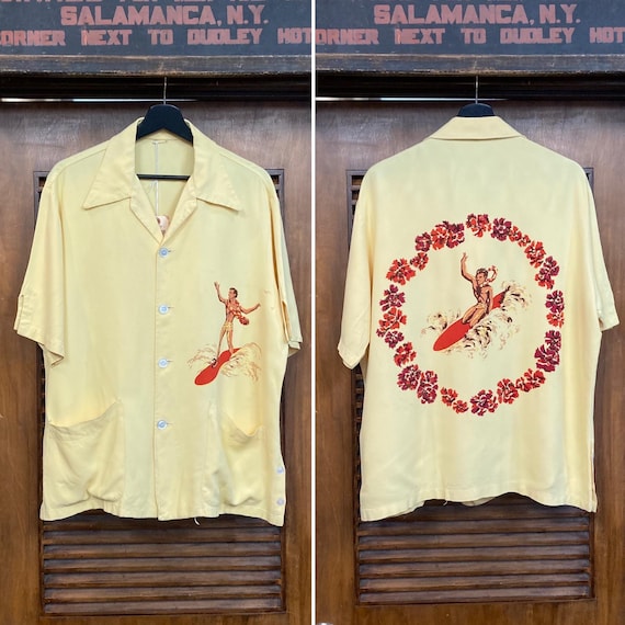 90s ヴィンテージ  レフェリー? ボーリング? シャツ 万国旗 Vintage 1940's “mcgregor” Surfer Back Panel Rayon Cabana Hawaiian