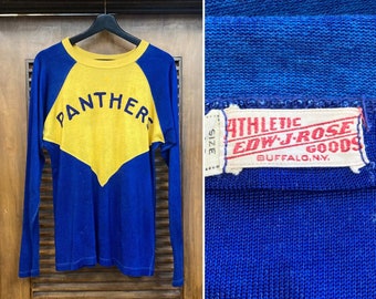 Vintage 1940’s “Panthers” Two-Tone Embroidered Durene Athletic Jersey Shirt, 40’s Long Sleeve Tee, Vintage Clothing