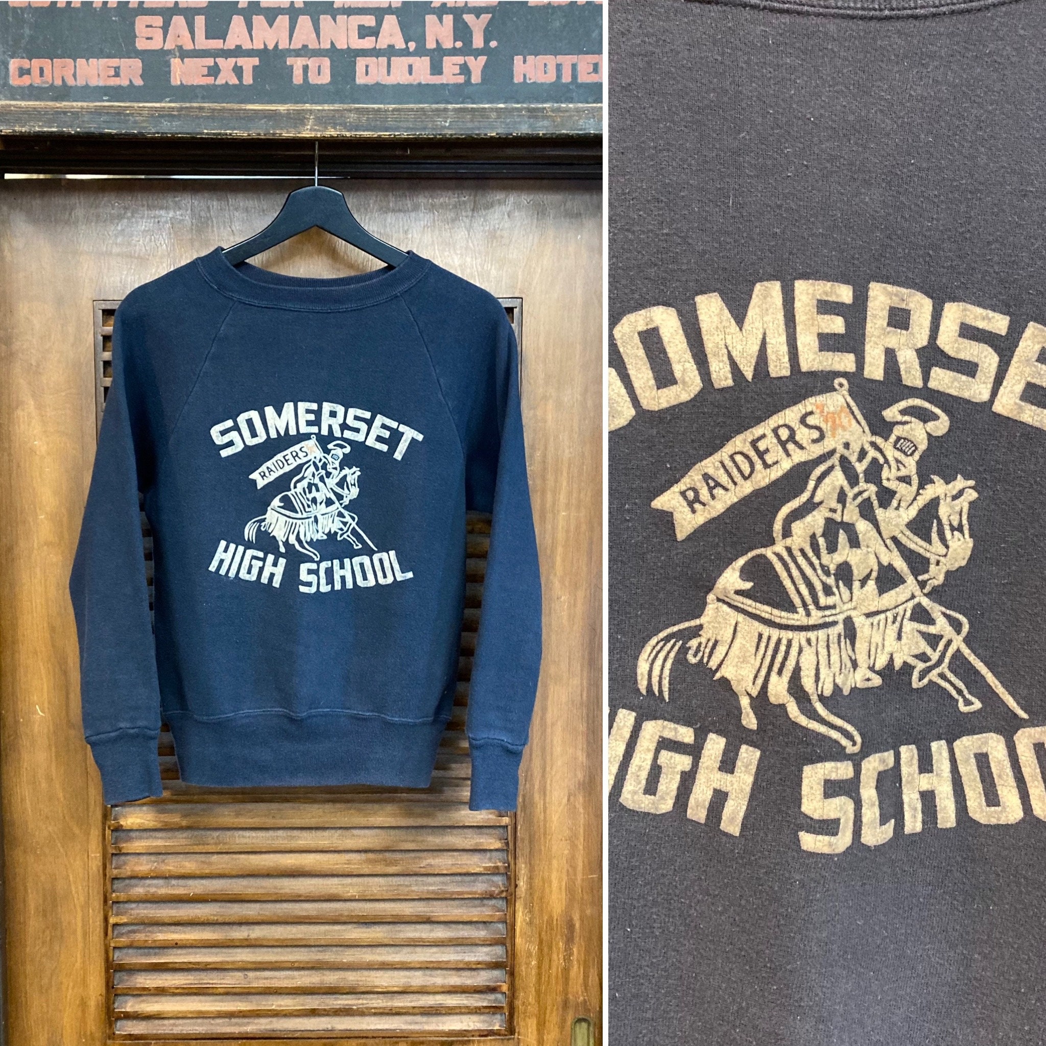 Vintage 1950s Navy Blue raiders Flocked Detail Athletic School Sweatshirt 50s Vintage Clothing Etsy