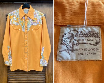 Vintage 1960’s “Nudies” Western Cowboy Glam Orange Twill x Silk Floral Pearl Snap Rockabilly Shirt, 60’s Vintage Clothing