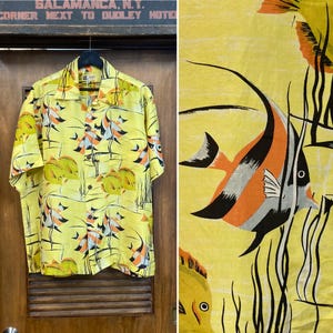 Vintage Hawaïhemd uit de jaren 1940, maat XL, met engelvis-tiki-onderwaterprint, zijden kraag en bijpassende zak.