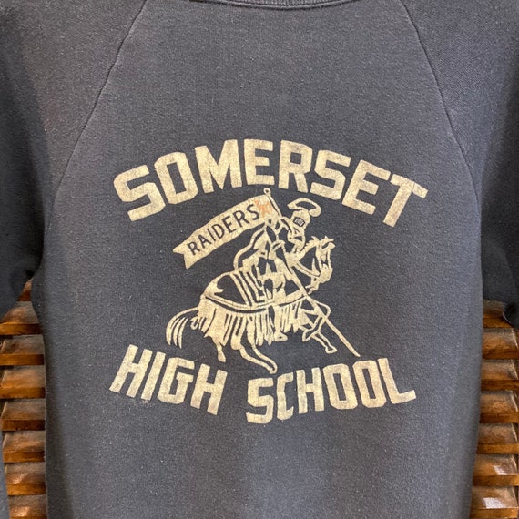 Vintage 1950's Navy Blue Raiders Flocked Detail Athletic School Sweatshirt, 50's Vintage Clothing