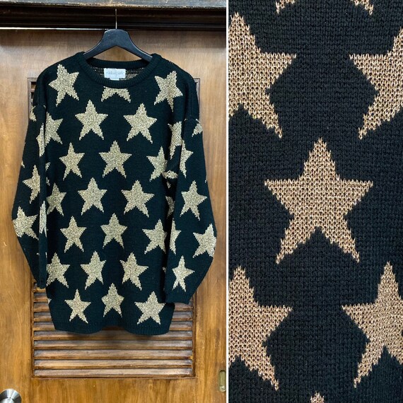 VintageOnHollywood 1980's Gold Lurex Stars Black Glam Rock New Wave Sweater, 80's Pullover Top, Vintage Clothing