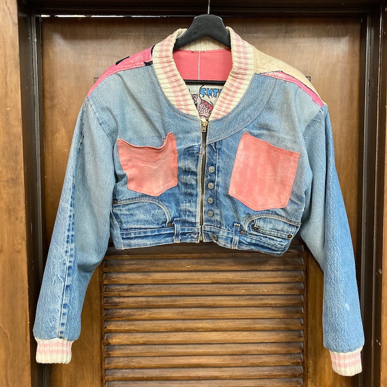 Vintage 1980s Too Cute Betty Boop Pudgy Dog Denim Patchwork Cropped Bomber Jacket, 80s Jean Jacket, Vintage Clothing image 2