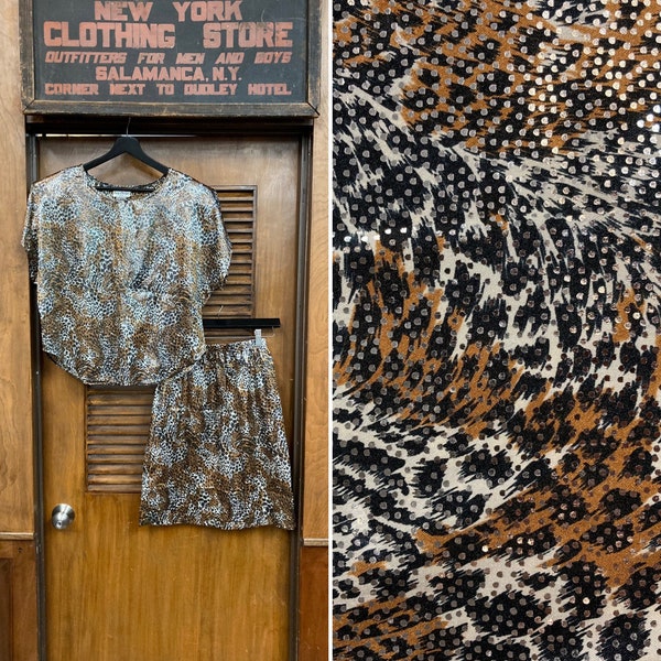 Vintage 1980’s Deadstock Metallic Animal Print Disco New Wave Two Piece Blouse & Skirt Outfit Set, Animal Print, New Wave, 1980’s, Skirt Set