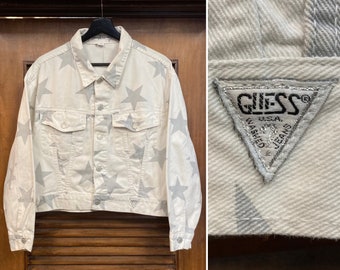 Vintage 1980’s “Guess” Brand Star Designed Cropped Denim Jacket, 80’s Trucker Jacket, Vintage Clothing