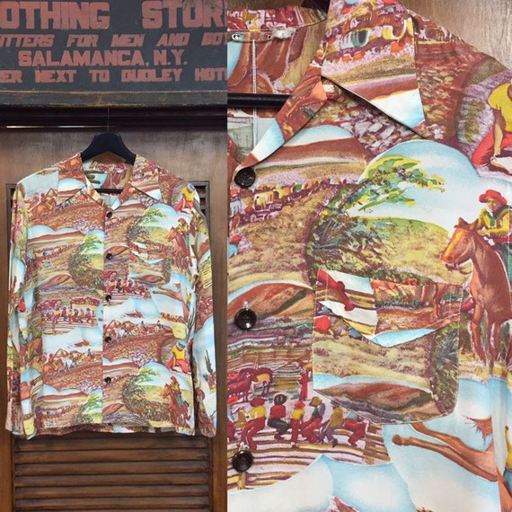Vintage 1940’s Western Cowboy Hawaiian Shirt, West