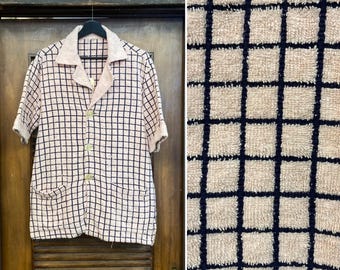 Camisa hawaiana vintage de los años 50, rosa y negra, de felpa de algodón, estilo cabaña tiki.