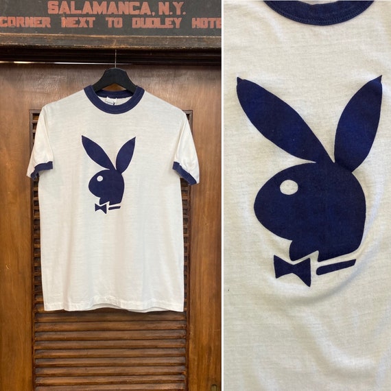 Vintage 1970's “playboy” Bunny Flocked Detail Ringer Tee Shirt