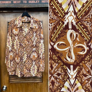 Vintage 1940’s Size L “Hawaiian Togs” Tribal Atomic Long Sleeve Rayon Hawaiian Shirt, 1940’s Shirt, 40’s Vintage Clothing