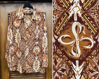 Vintage 1940’s Size L “Hawaiian Togs” Tribal Atomic Long Sleeve Rayon Hawaiian Shirt, 1940’s Shirt, 40’s Vintage Clothing