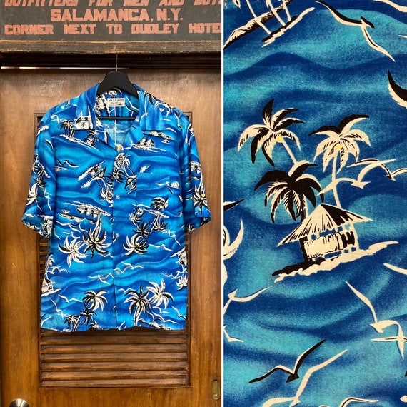 Vintage 1960’s Tiki Tropical Palm Tree Cotton Hawaiia… - Gem