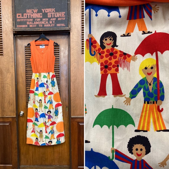 Vintage 1960’s Umbrella Kid Artwork Mod Maxi Dress