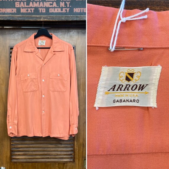 Vintage 1950s arrow Salmon Pink Rayon Gabardine Rockabilly Shirt 