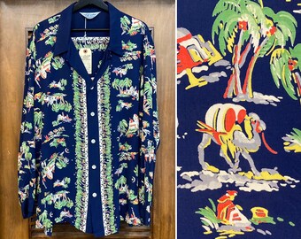 Vintage 1950’s Size XL “Royal Palm” Label Morocco Border Cabana Hawaiian Shirt, 50’s Long Sleeve Hawaiian Shirt, Vintage Clothing