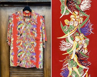 Vintage 1940’s Size L “Kamehameha” Vertical Floral Border Pattern Rayon Hawaiian Shirt, 40’s Loop Collar, Vintage Clothing