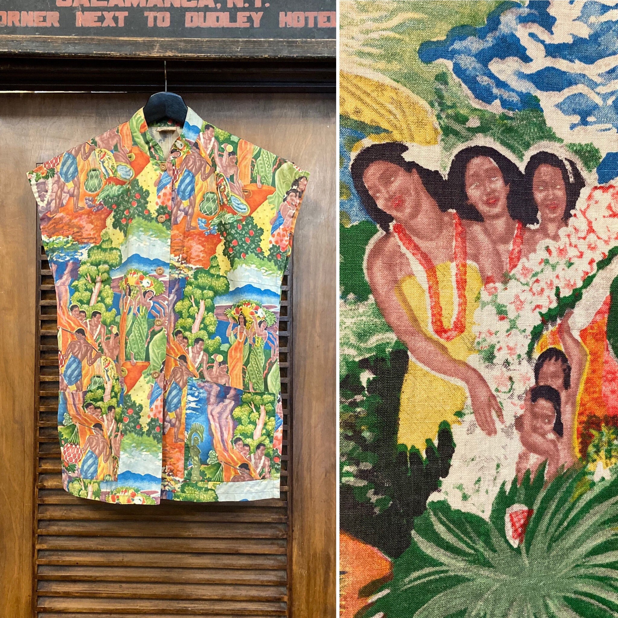 Vintage 1940's Eugene Savage Native Feast Cotton Teatimer Hawaiian