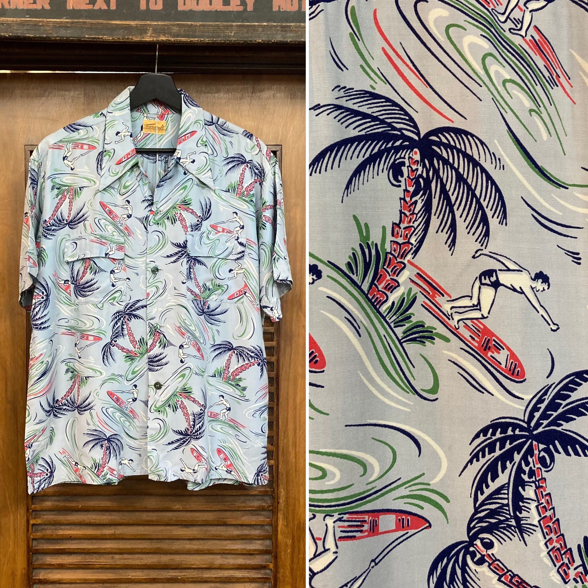 Vintage 1940s Size L towncraft Rayon Surfer Pattern Hawaiian Shirt 