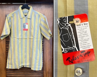 Camisa Rockabilly de manga corta Kramer de algodón con cuello de lazo y rayas Atomic Mod Lounge, años 50 (existencias muertas), talla L, estilo años 50