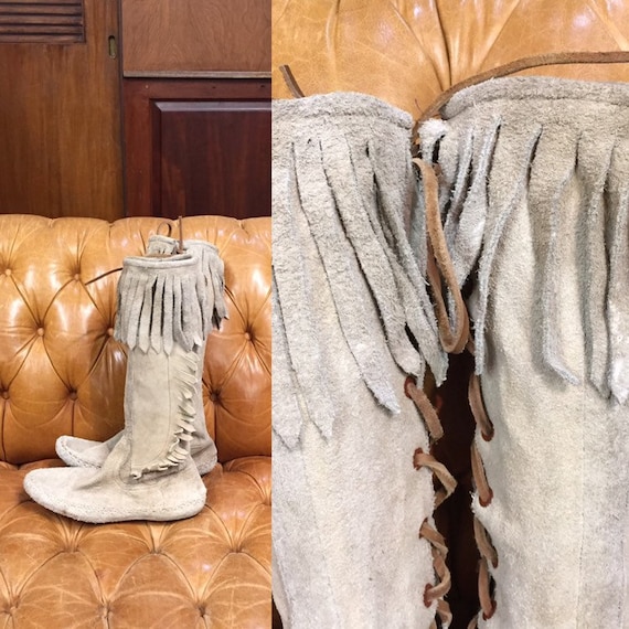 Vintage 1970’s Fringe Knee High Boots, Suede, Mocc