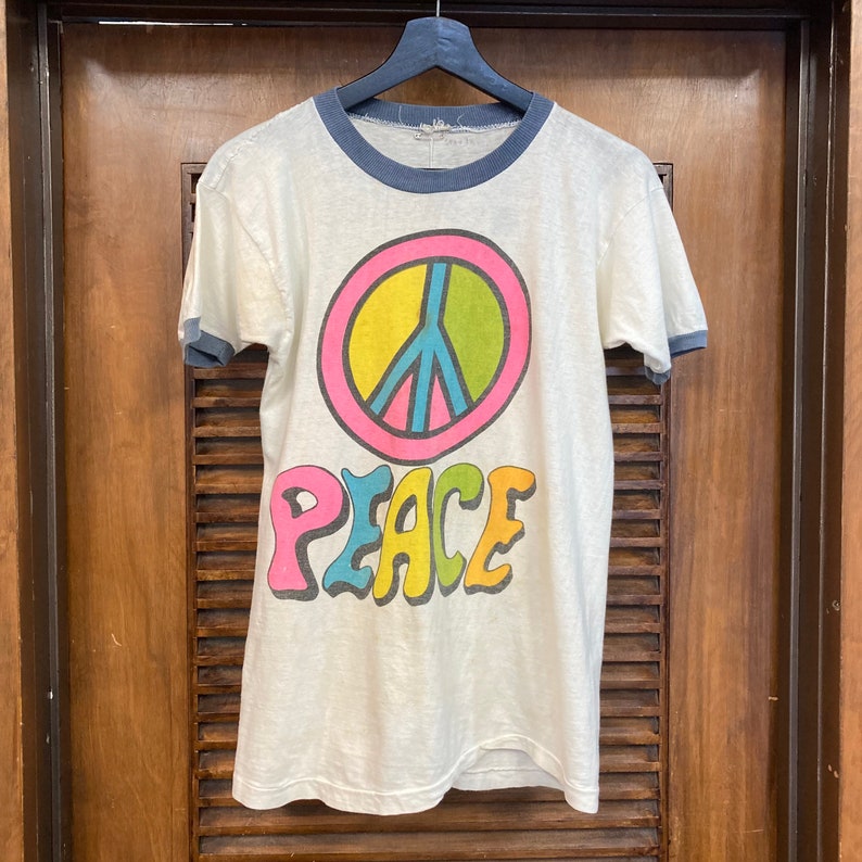 Vintage 1970s Woodstock Peace Hippie Neon Colors Ringer Original Cotton T-Shirt, 70s Tee Shirt, Vintage Clothing image 3