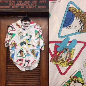 Vintage 1980's Cartoon Kids Cotton Button Down Camisa, Vintage Ropa, Estampados Gráficos estilo ilustrado, Vintage 1980