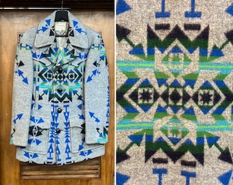 Chaqueta de abrigo estilo manta de lana estilo sudoeste de Mackinaw, "Pendleton", de la década de 1970, ropa vintage de los años 70