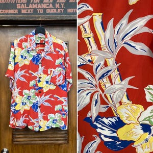 Vintage 1950’s Size L Atomic Floral Silky Rayon Hawaiian Shirt, 1950’s Hawaiian shirt, 50’s Vintage Clothing