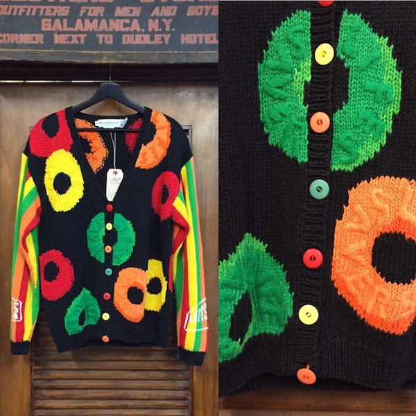 Vintage 1990’s “Eagle’s Eye” Lifesavers Design Hip Hop Sweater, Vintage Cardigan, Novelty Sweater, Shoulder Pads, Vintage Clothing