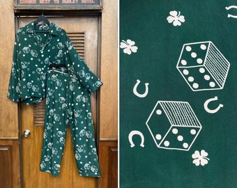 Vintage 1940’s Lucky Horseshoe Dice Silky Rayon Pajama Shirt Pants Set, Rayon, Vintage Novelty Print, Two Piece, Clovers, Dice, Horseshoe,