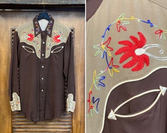 Vintage 1950's bordado de dos tonos Rayon Western Cowboy Rockabilly camisa, ropa vintage de los años 50