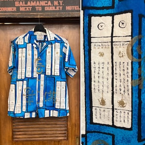Vintage 1950’s “Shaheen’s” Atomic Asian Tiki Cotton Hawaiian Shirt, Loop Collar, Matching Pocket, 1950’s Shirt